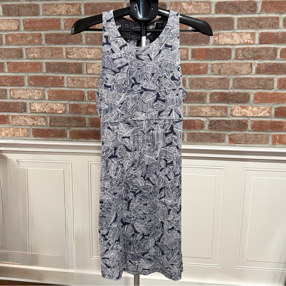 Athleta Santorini Thera Dress Size M Navy Blue Abstract Leaf Print High Neck - Picture 2 of 4